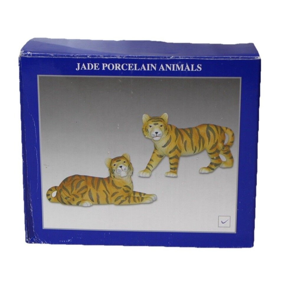 Bon Ton Jade Noah’s Ark Tiger Pair Porcelain Figurines Standing & Lying w/ Box